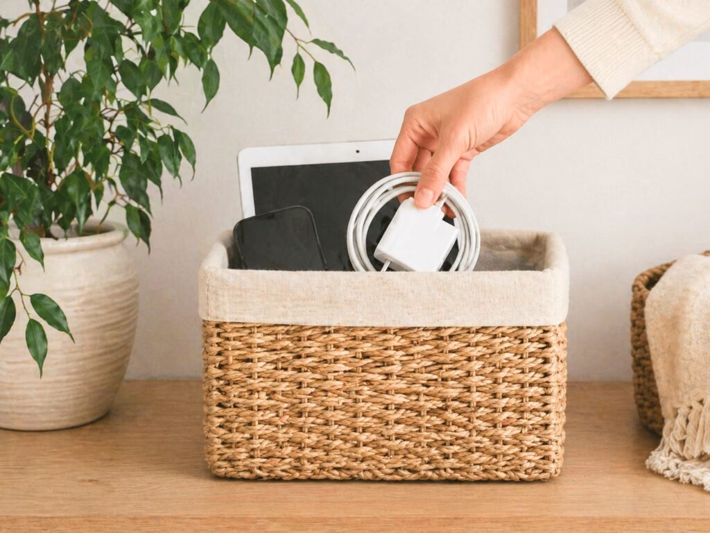 Hand placing coiled charging cable into woven basket holding tablet and phone on wooden console table beside plant and folded blanket.