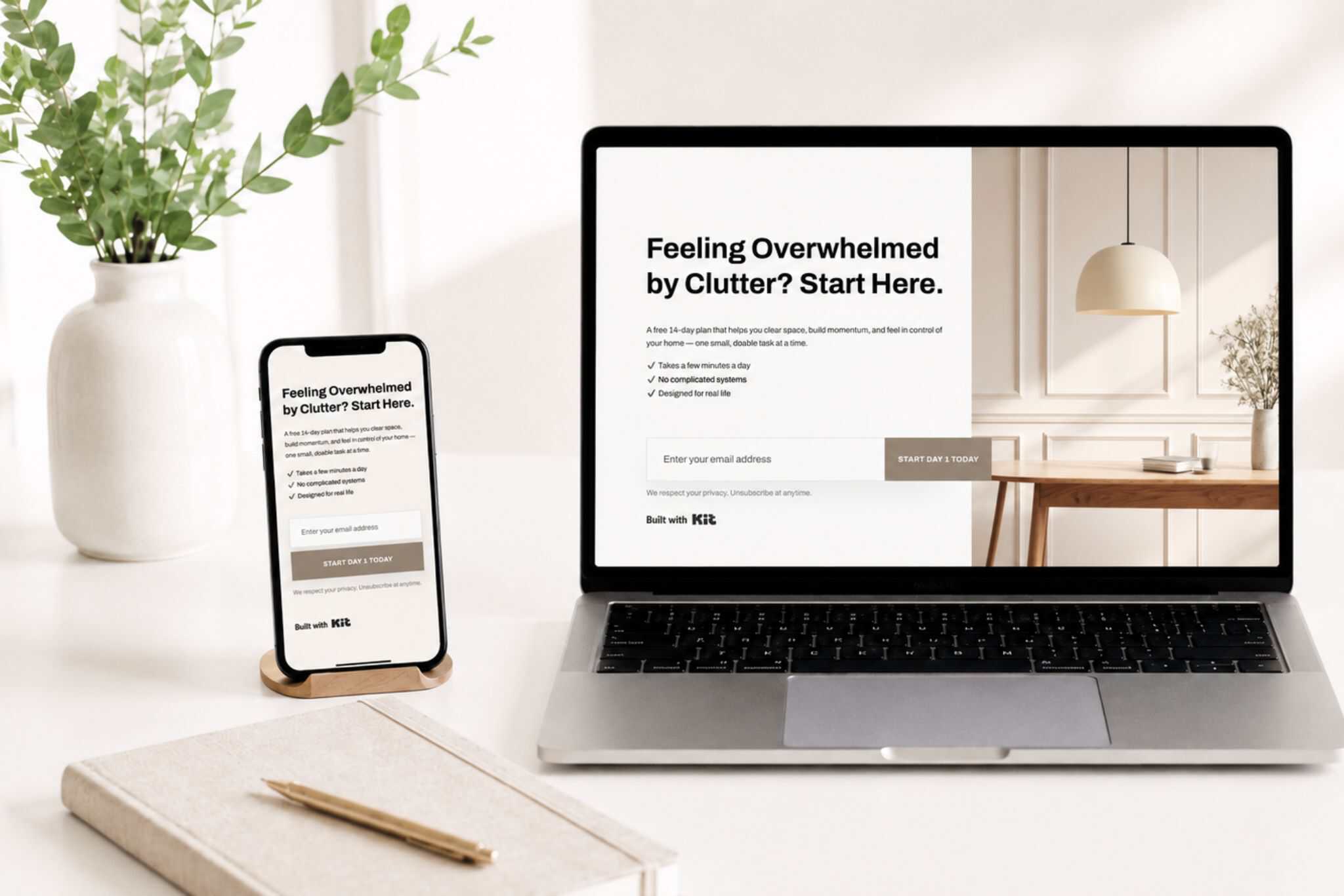Laptop and phone screen with 14 Day Challenge Sign up page.