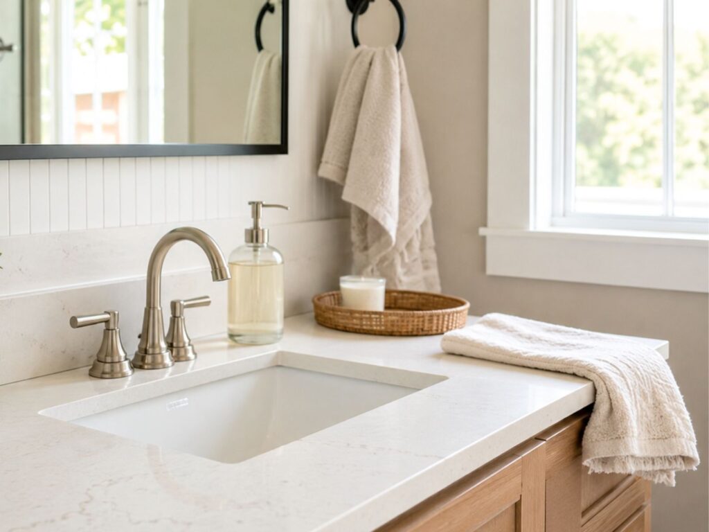 A clean bathroom counter with a sink, soap dispenser, folded towel, plant, and organized tray.