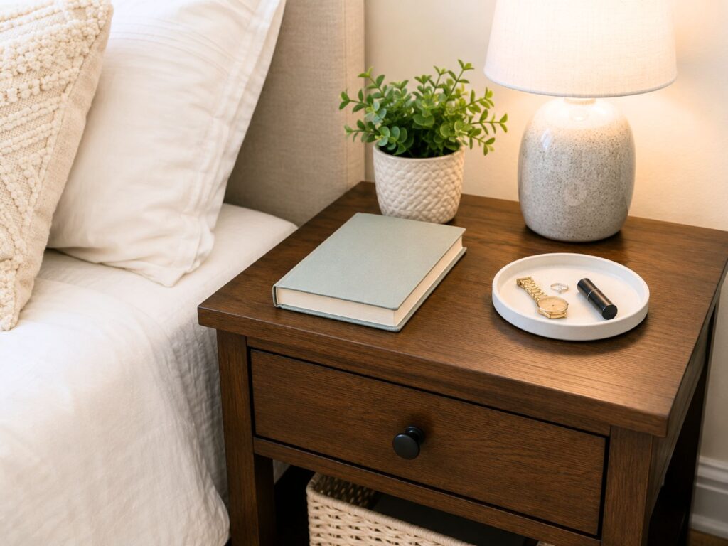 A tidy wooden nightstand beside a bed with a lamp, potted plant, book, and small tray for jewelry, showing a simple bedroom decluttering task.