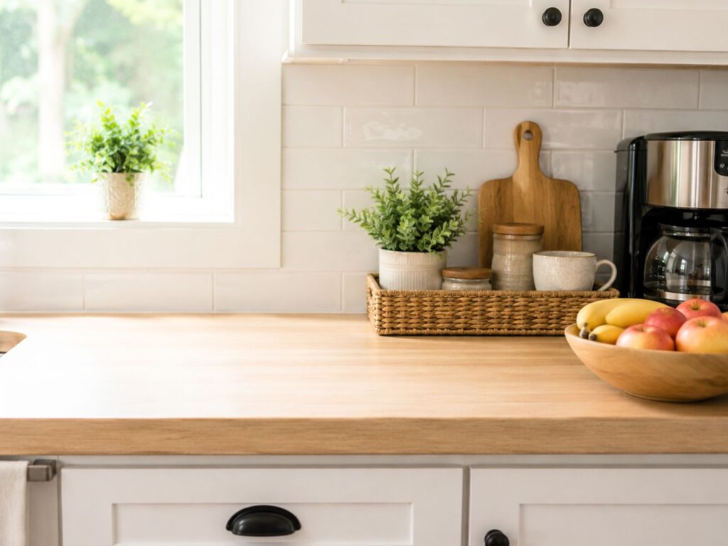 A clean kitchen counter with a small organized tray, coffee maker, fruit bowl, potted plants, and open counter space near the sink.