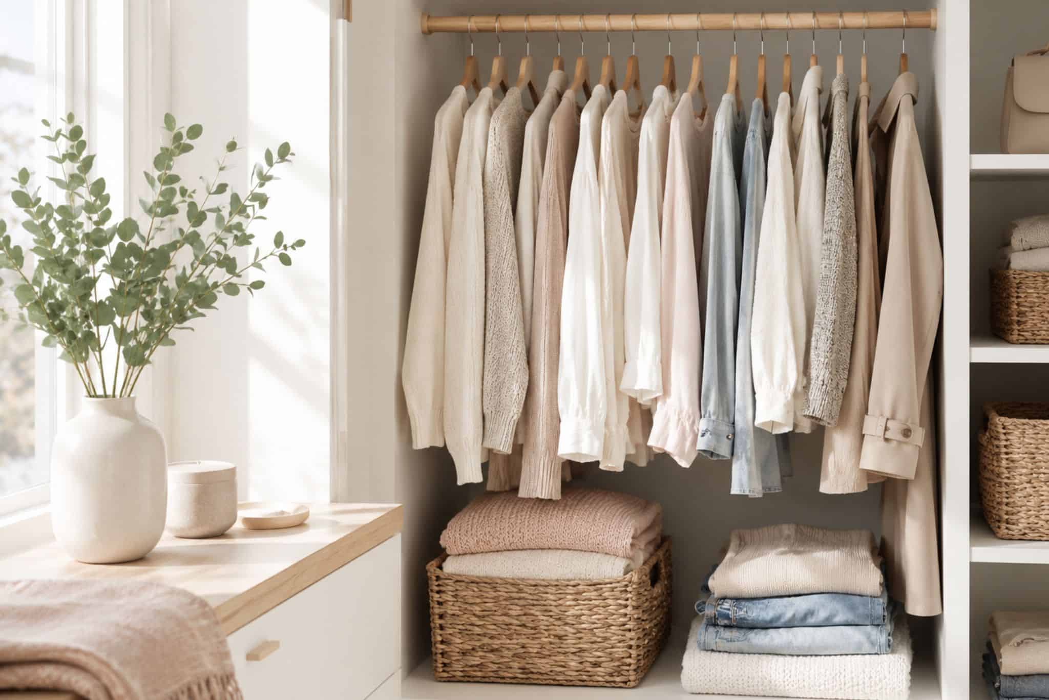 An organized closet beside a window with a plant.