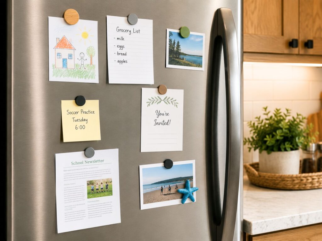 A stainless steel refrigerator with magnets, notes, photos, and papers on the front in a bright organized kitchen, showing a simple fridge decluttering task.