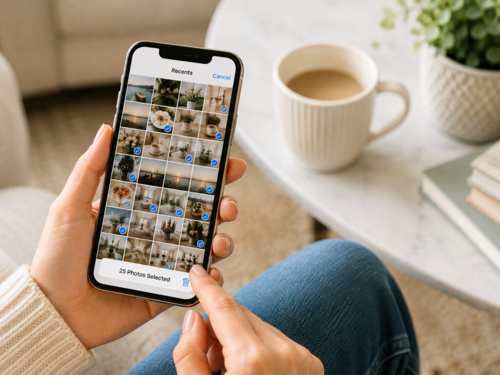 A person selecting photos to delete from a smartphone while sitting in a cozy living room with a coffee mug, books, and a potted plant nearby.