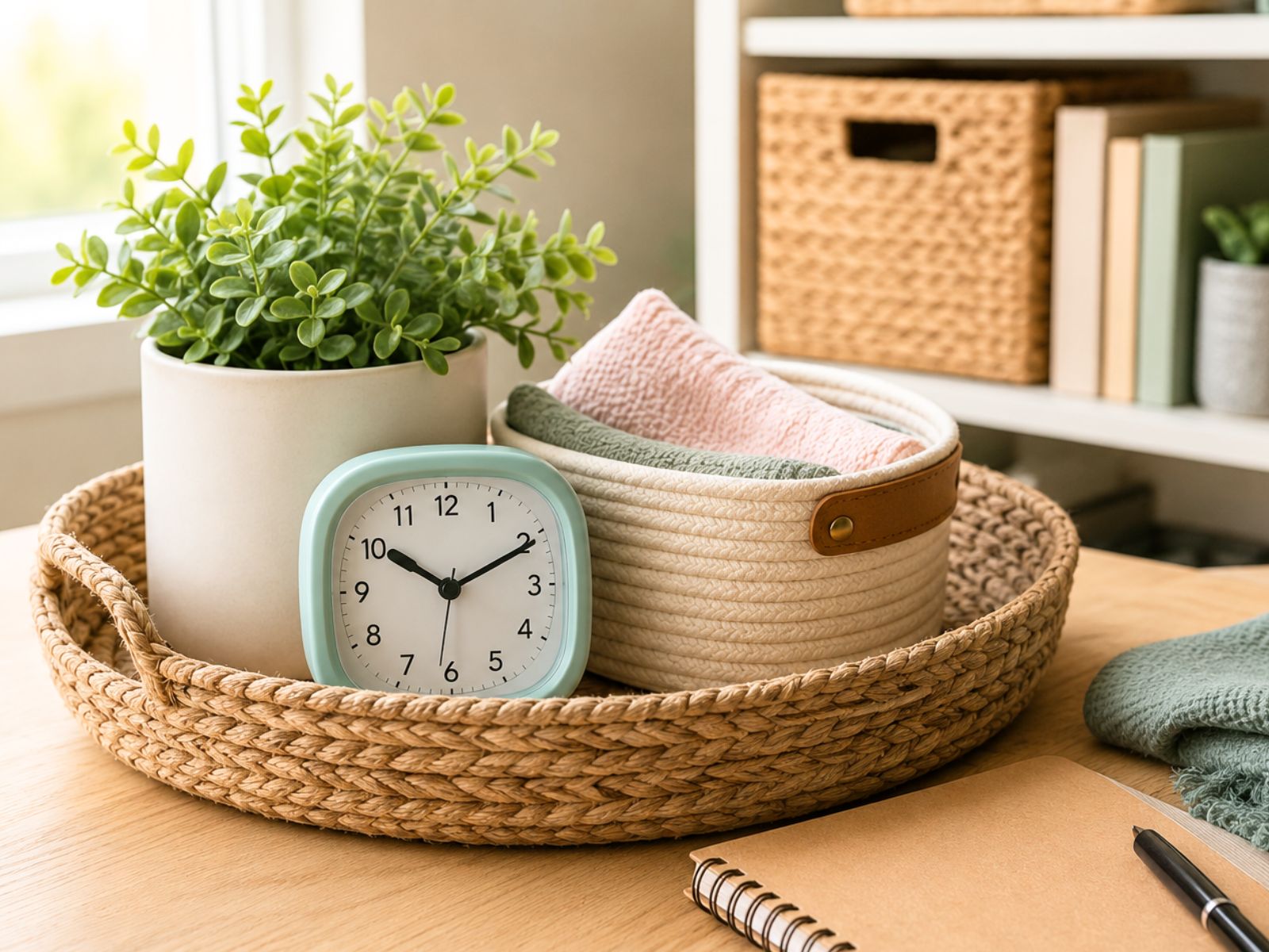 A tidy home scene with a woven tray, small clock, potted plant, folded towels, notebook, and organized shelves representing quick five-minute decluttering tasks.