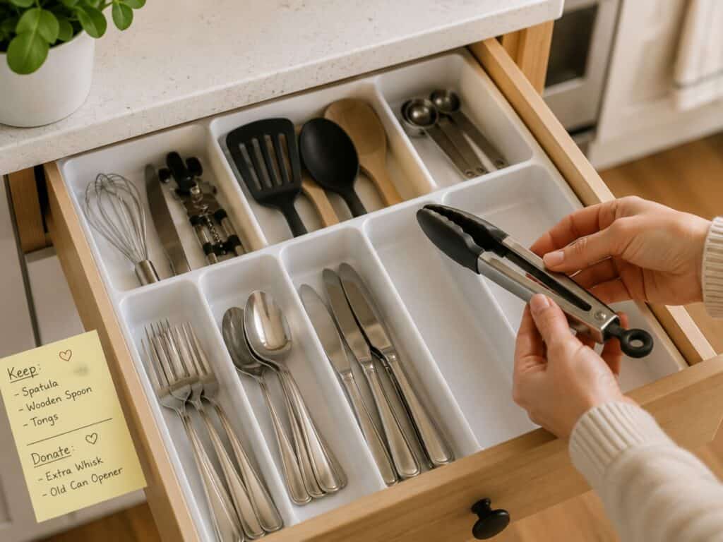 Hands removing items from a kitchen utensil drawer.