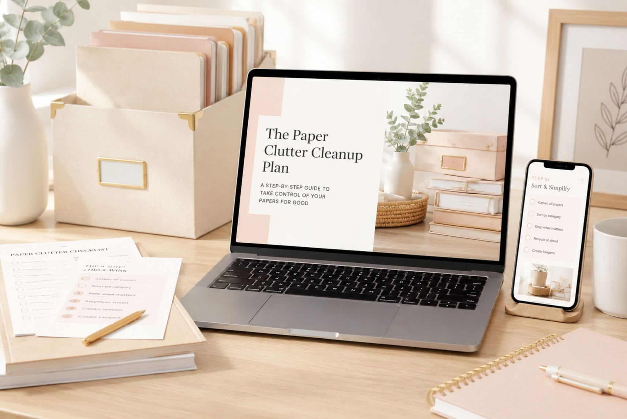 A laptop on a desk with The Paper Clutter Cleanup Page showing on the screen.