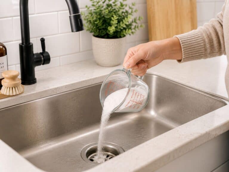 Person pouring baking soda down a kitchen drain to clean and deodorize it.