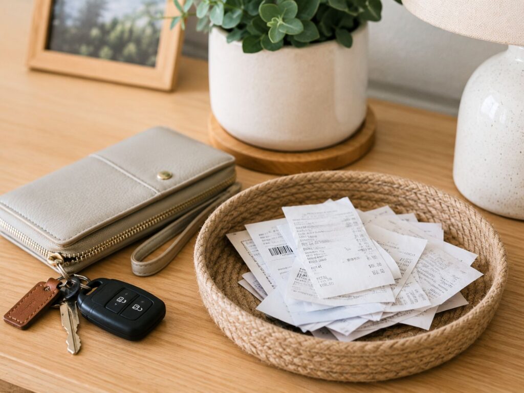 A tidy entryway table with a woven basket full of old receipts beside a wallet, keys, lamp, and potted plant, showing a simple five-minute decluttering task.
