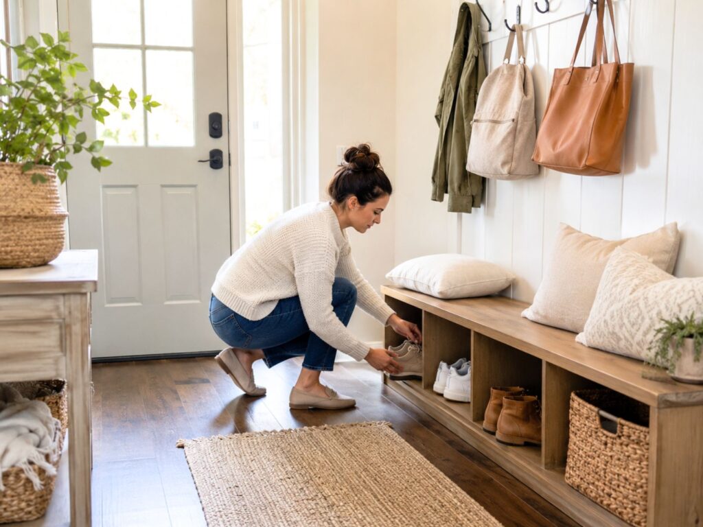 Woman putting shoes in a shoe rack in her entryway by the front door.