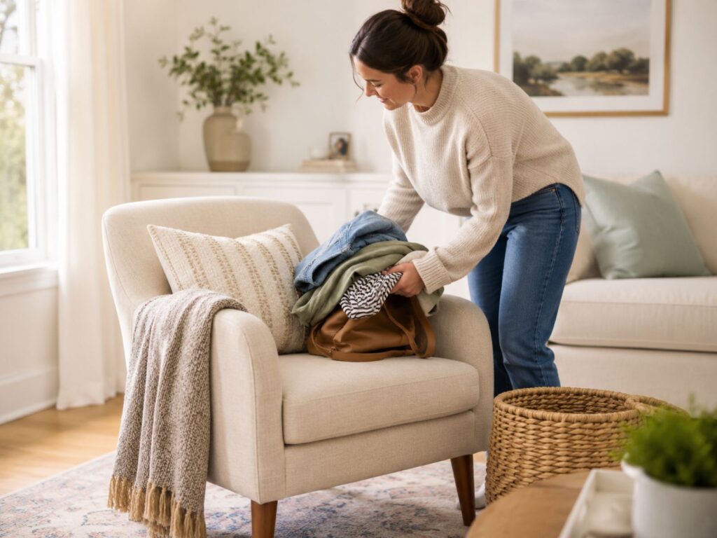 Woman removing a pile of clothes from a white chair in a living room.