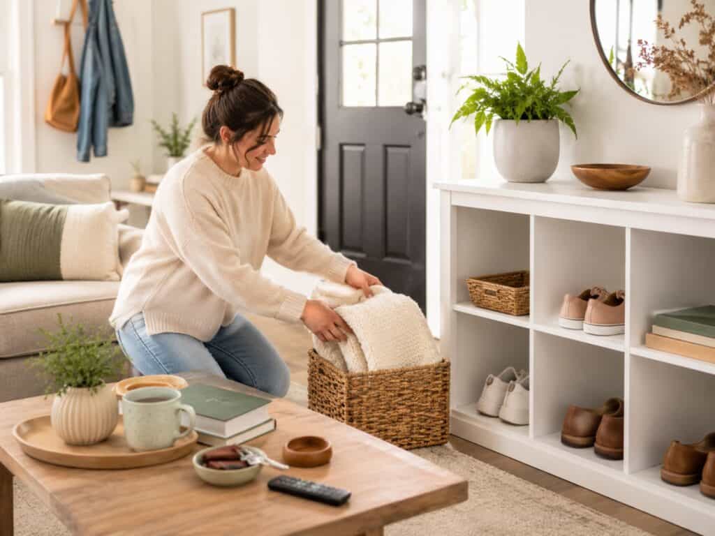 Woman putting items away in her living room.