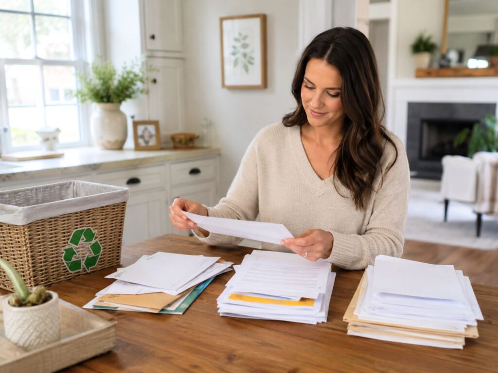 Woman sitting at a desk with 3 piles of paper and a recycling basket sitting beside her.