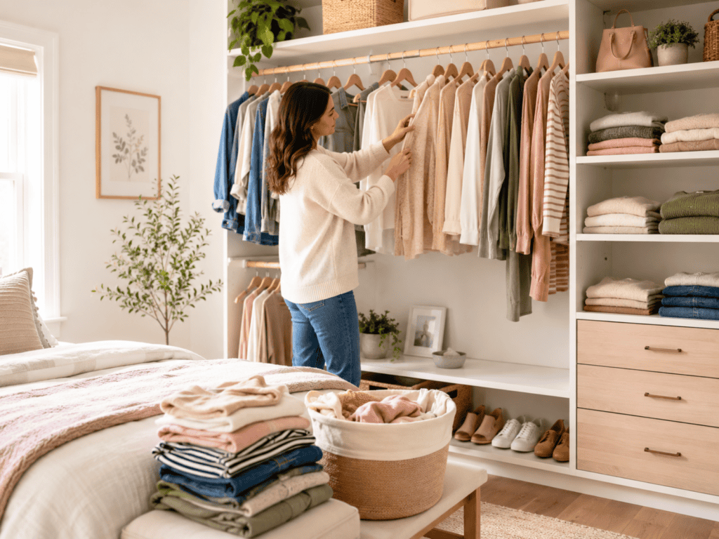 Woman sorting clothes in a bright organized closet with folded clothes, open shelving, and a laundry basket in a cozy neutral bedroom.