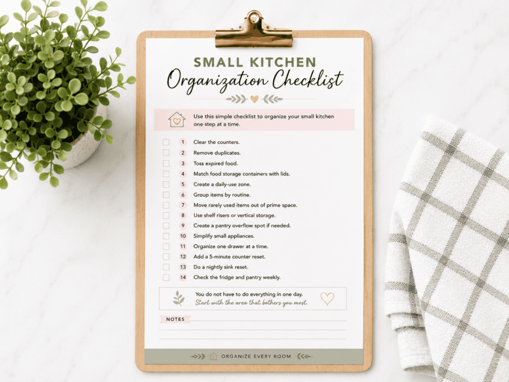 A clipboard with a kitchen organization checklist on it.