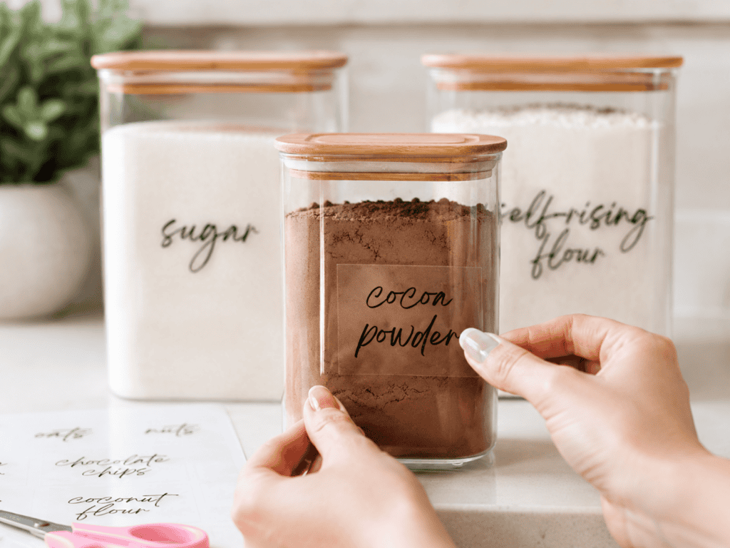 Hands applying a cocoa powder label to a container of cocoa powder.