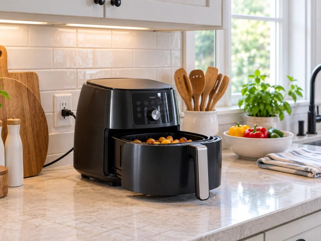 Air fryer with its basket pulled open on an organized kitchen countertop, showing space needed to operate the appliance safely.
