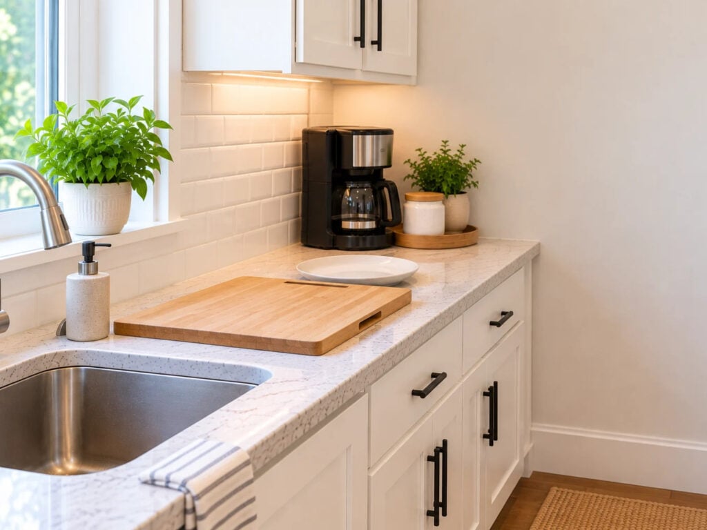 Small apartment kitchen with a coffee maker and clear food prep space.