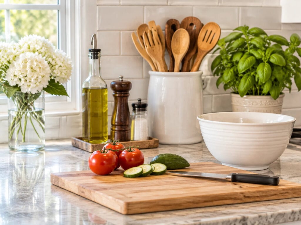 Organized kitchen countertop with a cutting board, fresh vegetables, knife, and mixing bowl arranged with plenty of clear space for food preparation.