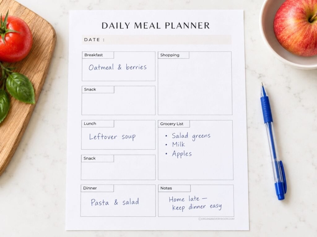 Daily meal planner with simple meals and a grocery list beside tomatoes, basil, an apple, and a blue pen.