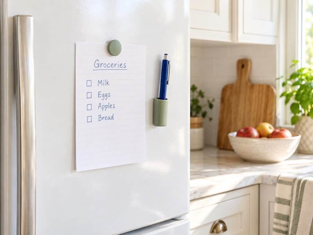 Simple handwritten grocery checklist attached to a white refrigerator with a magnet and a pen nearby in a bright kitchen.