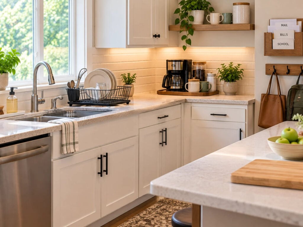 Organized shared kitchen with a dish drying rack by the sink, a coffee station in the corner, mail sorted in a wall organizer, bags on hooks, and clear countertop space for meal prep.