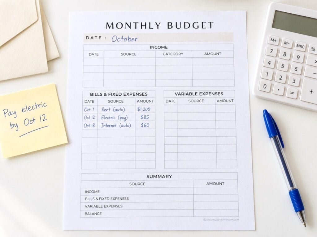 Monthly budget worksheet listing bills and due dates beside a calculator, envelopes, blue pen, and payment reminder.