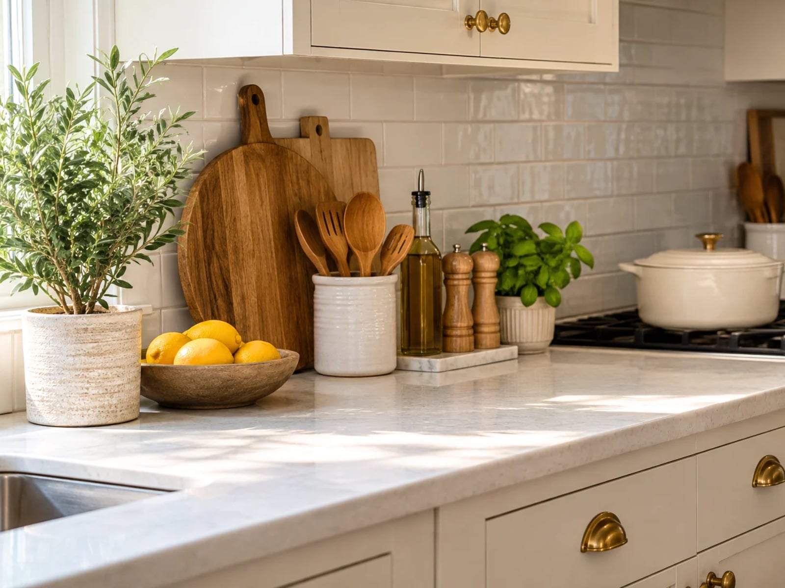 Organized kitchen countertop with wooden cutting boards, utensil holder, fresh herbs, and everyday essentials arranged neatly to keep counter space clear.