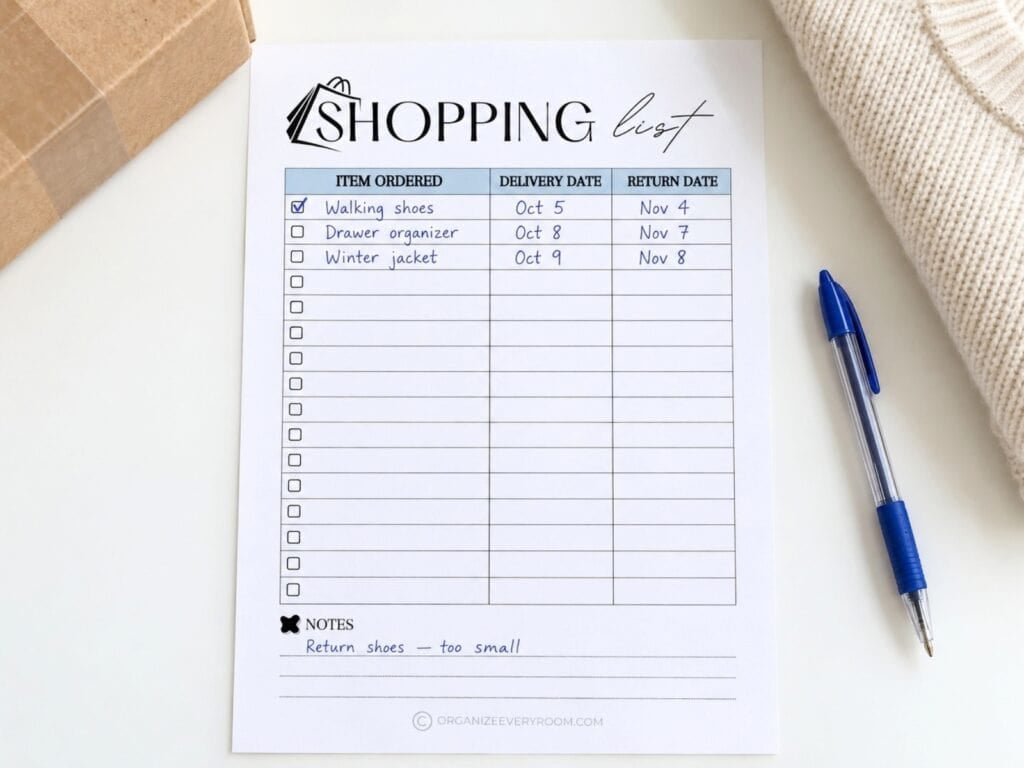 Shopping tracker with orders, delivery dates, and return deadlines on a white table beside a parcel, folded sweater, and blue pen.