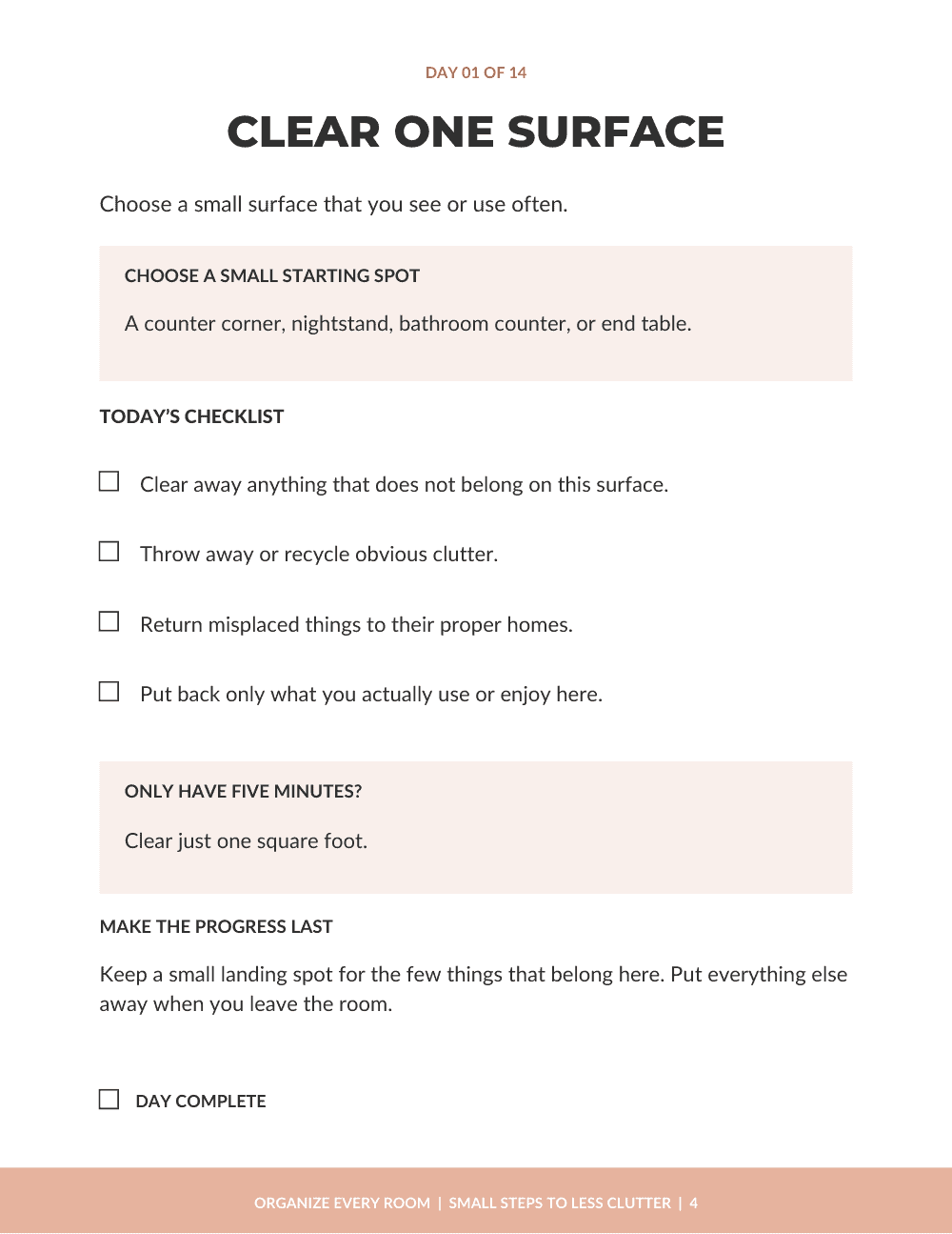 An actual Day 1 workbook page with a small decluttering task, a five-minute option and checkboxes