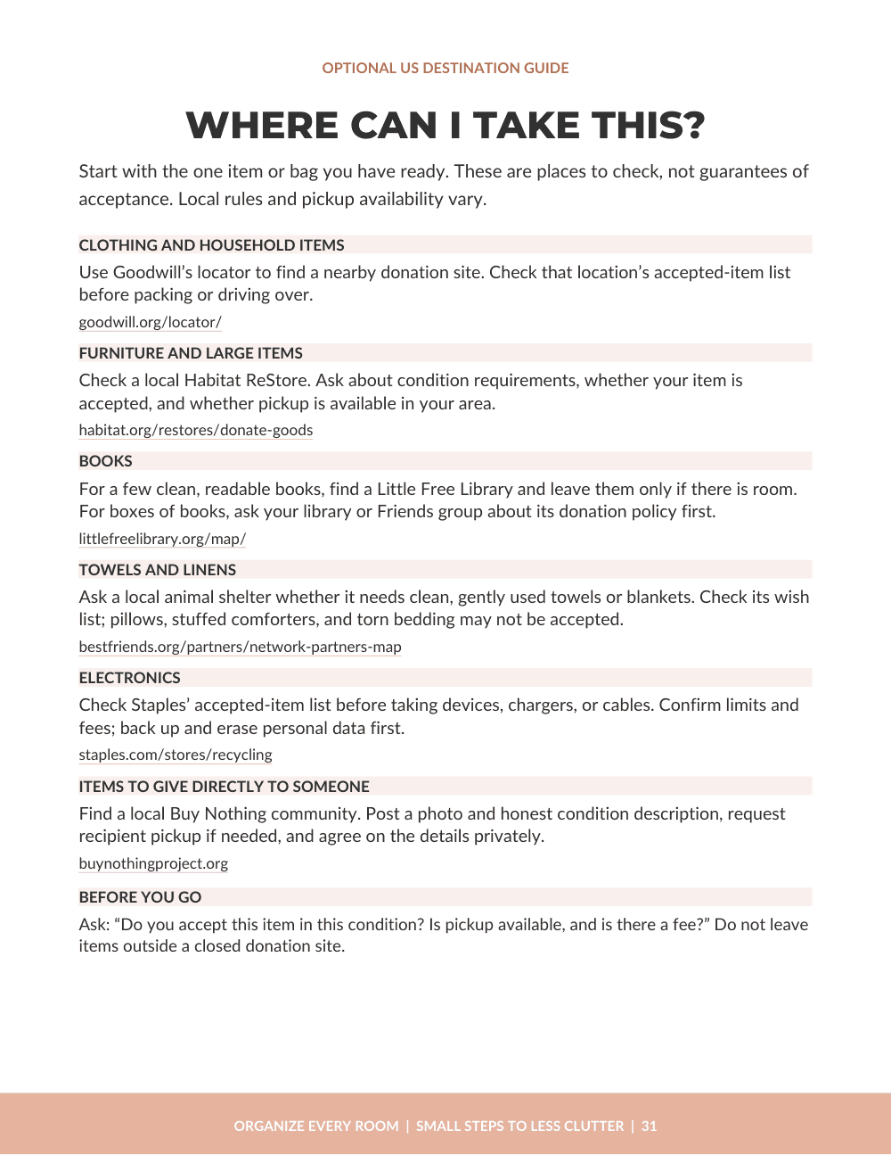Donation and recycling destinations page from the workbook