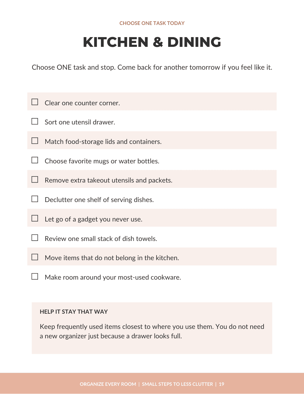 Kitchen decluttering checklist with individual tasks and checkboxes