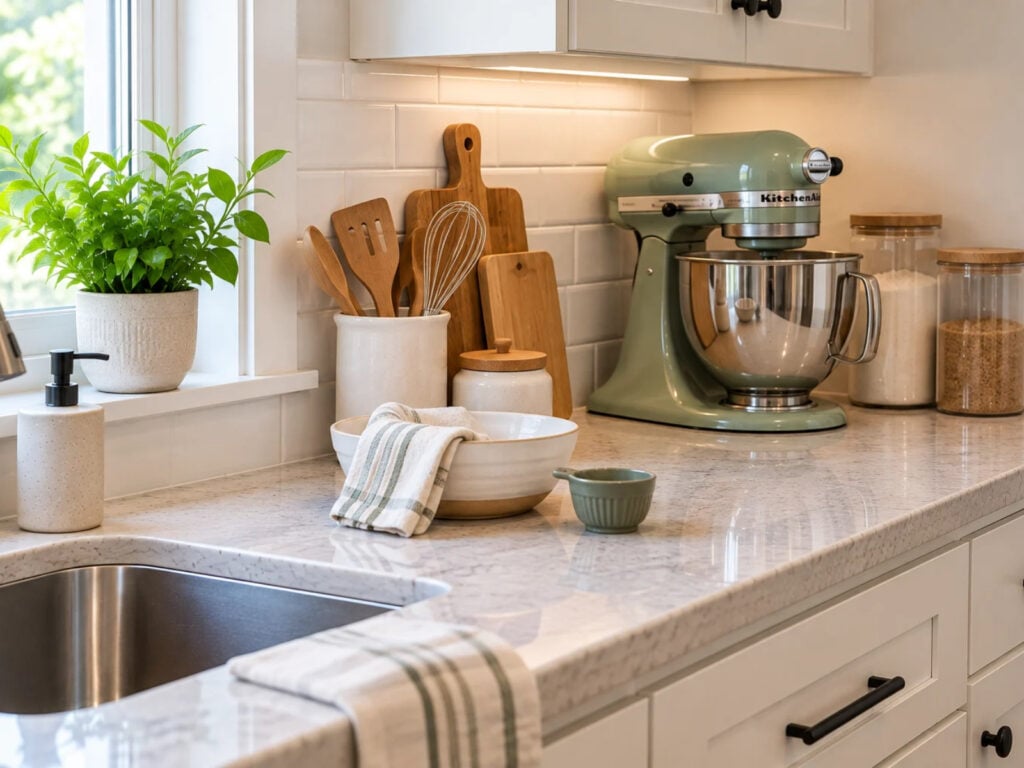 Sage green stand mixer kept on an organized kitchen countertop with baking supplies nearby, making it easy to use without heavy lifting.