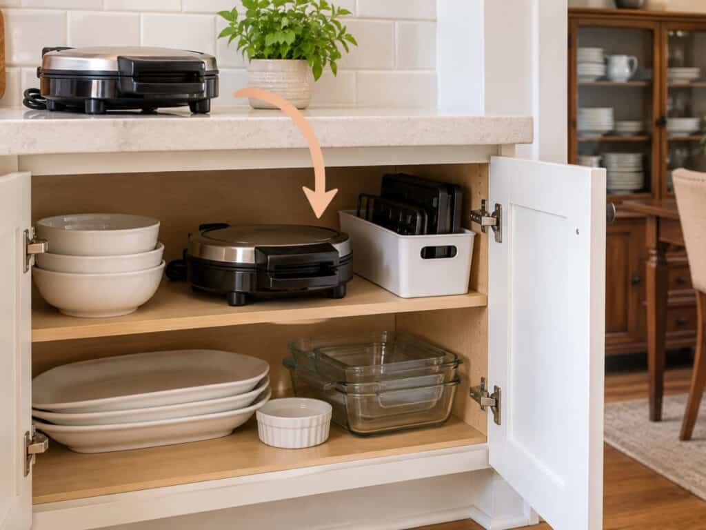 Open kitchen cabinet with a waffle maker stored on the lower shelf, baking pans organized in a bin, and serving dishes neatly stacked above to keep countertops clear.