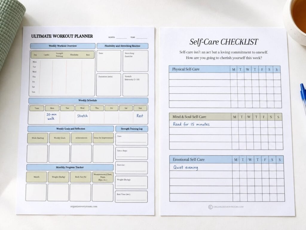 Workout planner and self-care checklist with simple movement and rest plans beside an exercise mat, tea, and blue pen.