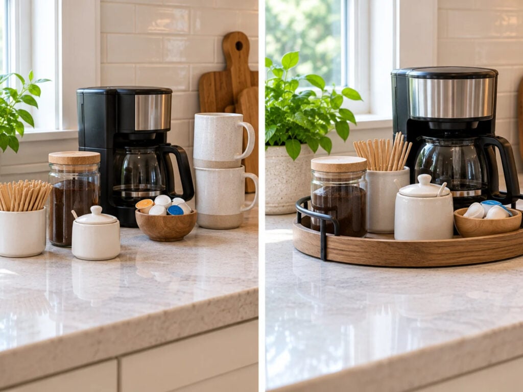 Side-by-side kitchen countertop showing coffee supplies arranged individually and then grouped on a wooden tray to keep the space organized and easier to clean.