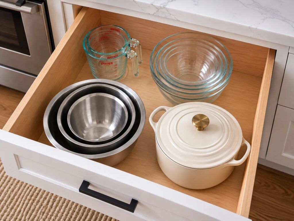 Mixing bowls and a pan in a drawer.