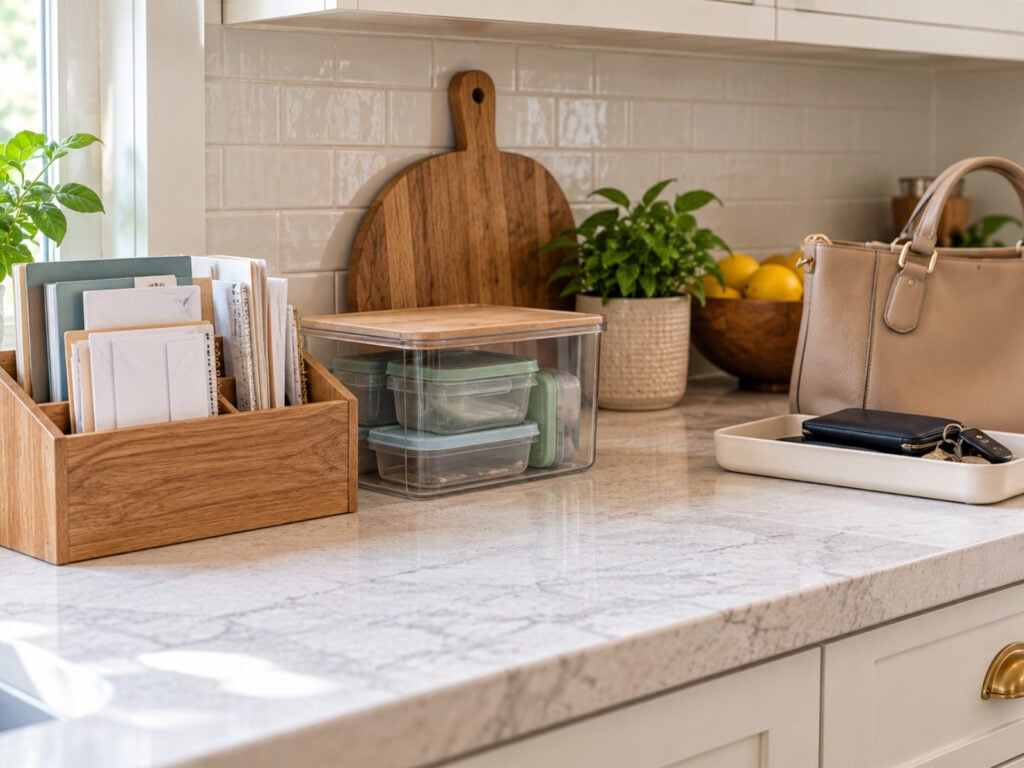 Organized kitchen countertop with a wooden mail sorter, food storage containers, handbag, and a tray for keys and everyday essentials.