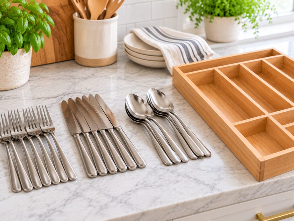 Forks, knives, and spoons laid out in separate groups on a marble kitchen countertop beside an empty wooden flatware organizer to help determine the best tray size.