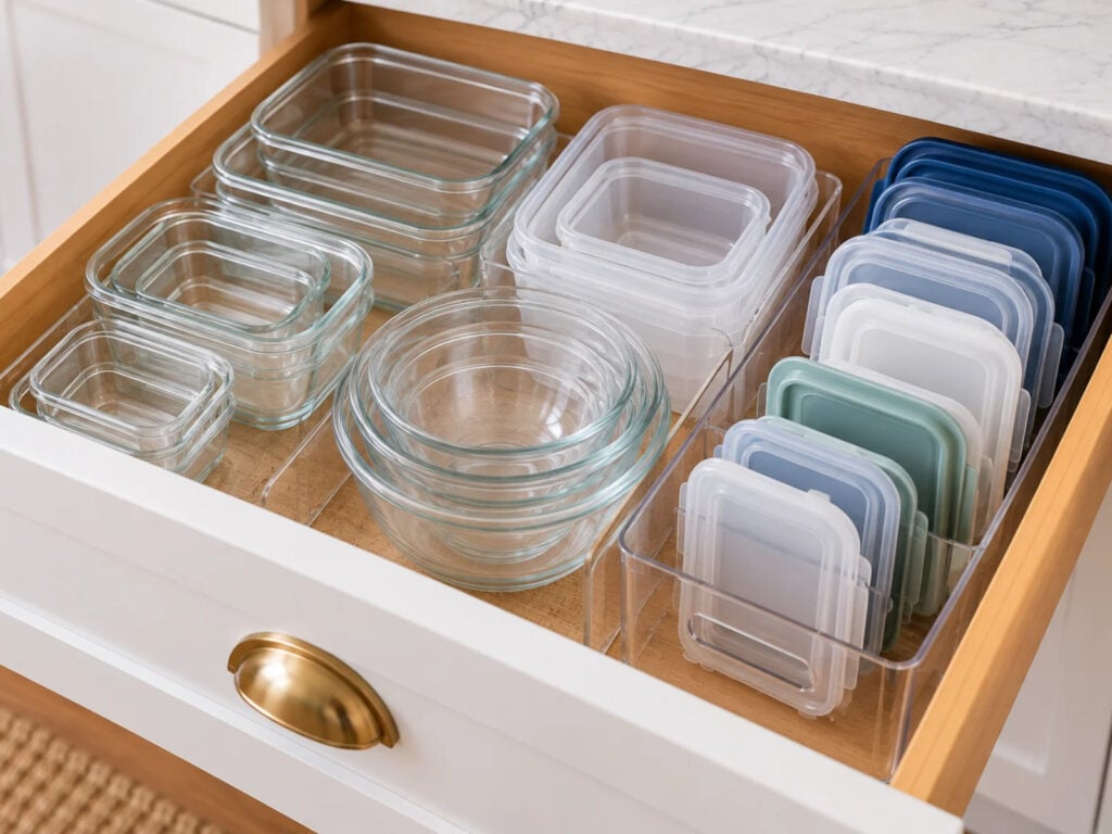 Deep kitchen drawer with neatly nested glass and plastic food storage containers and matching lids stored upright in separate organizers.