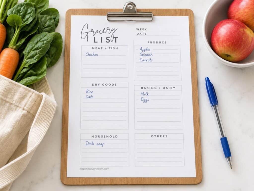 Grocery list organized by category on a wooden clipboard beside a reusable bag of vegetables, apples, and a blue pen.