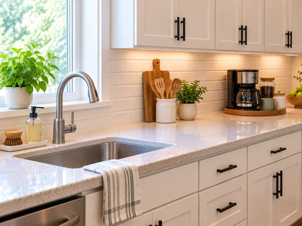 Clean, organized kitchen countertop with a dish towel by the sink, everyday supplies neatly arranged, and open counter space ready for the next meal.