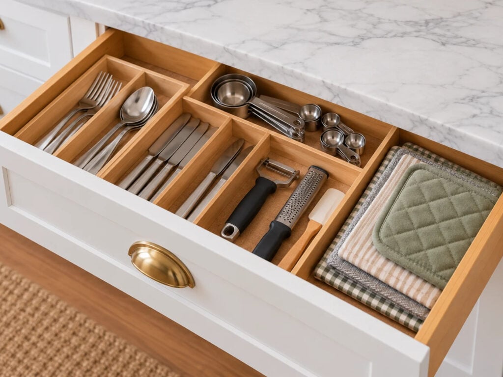 Open shallow kitchen drawer with wooden dividers keeping forks, spoons, knives, measuring tools, and folded potholders neatly organized in a single layer.