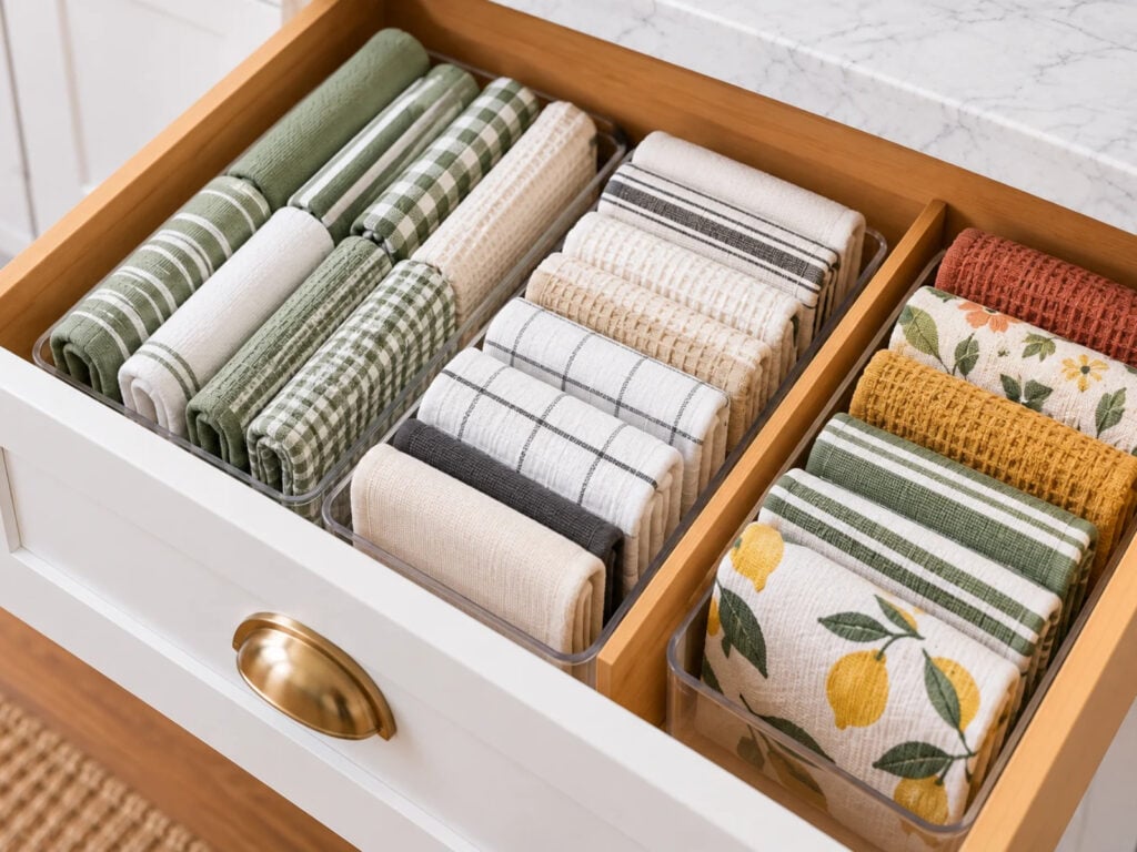 Deep kitchen drawer with neatly folded kitchen towels stored upright in divided sections, featuring sage green, neutral stripes, checks, and colorful patterns for easy access.