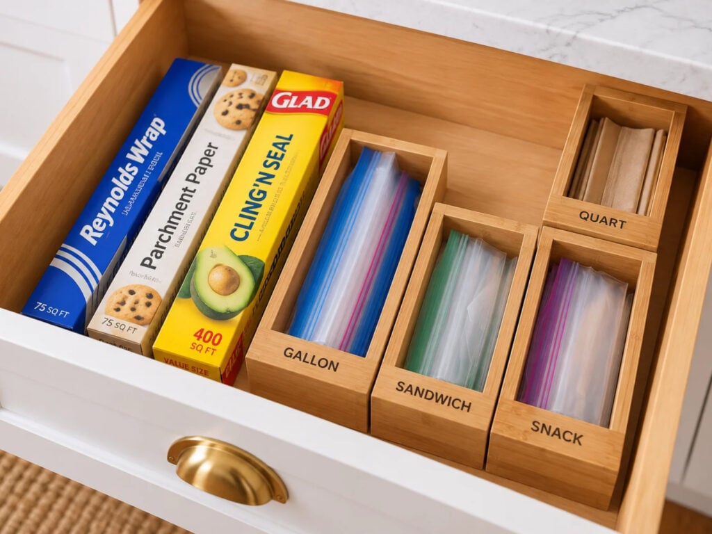 Open kitchen drawer with foil and parchment paper boxes beside wooden organizers holding gallon, sandwich, snack, and quart storage bags.