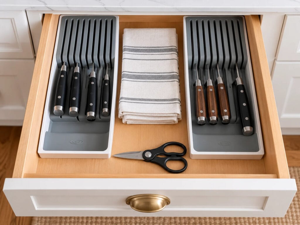 Open kitchen drawer with two knife organizers safely storing knives with blades concealed, alongside folded kitchen towels and kitchen scissors.