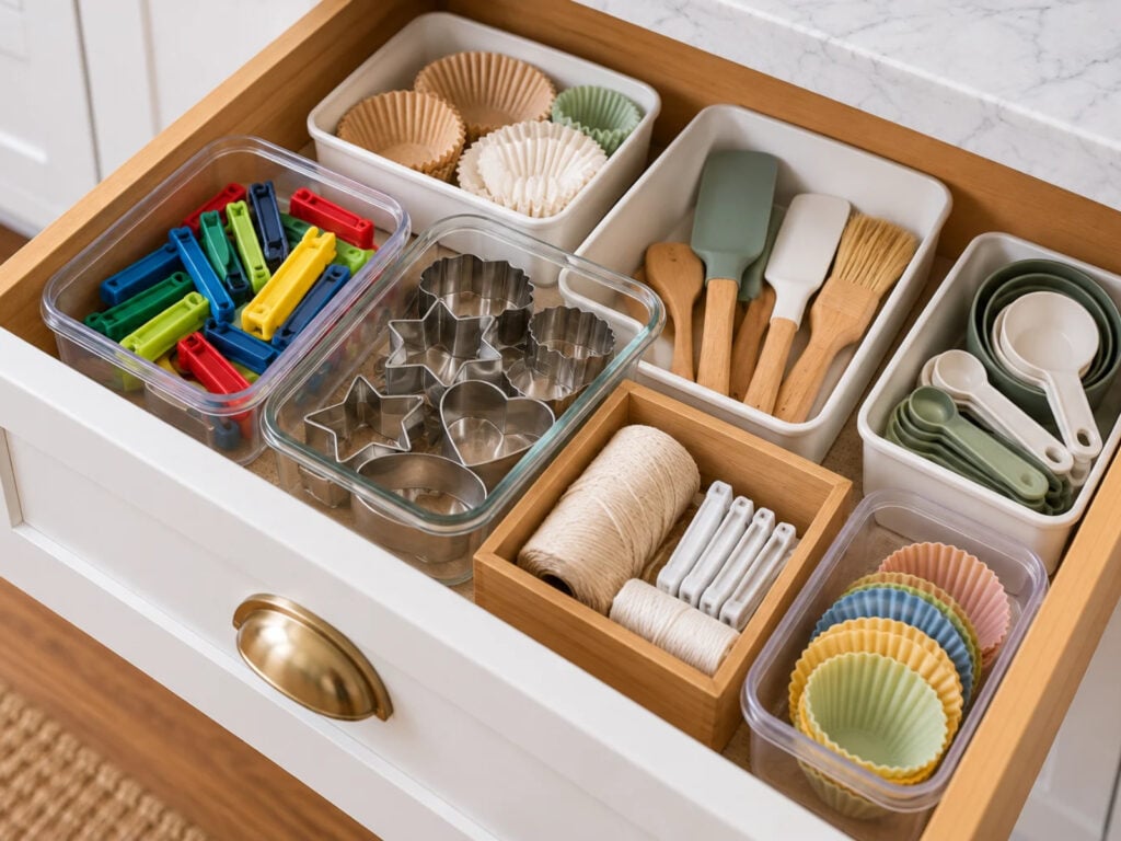Open kitchen drawer with repurposed food containers and small boxes organizing bag clips, cookie cutters, baking cups, measuring tools, and spatulas.