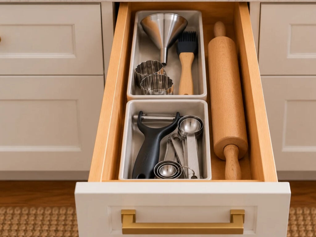A narrow kitchen drawer containing two organizing dishes and a rolling pin.