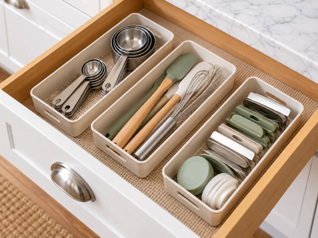 Open kitchen drawer with cream organizers holding measuring spoons, spatulas, a whisk, and small tools on a textured nonslip drawer liner to prevent sliding.