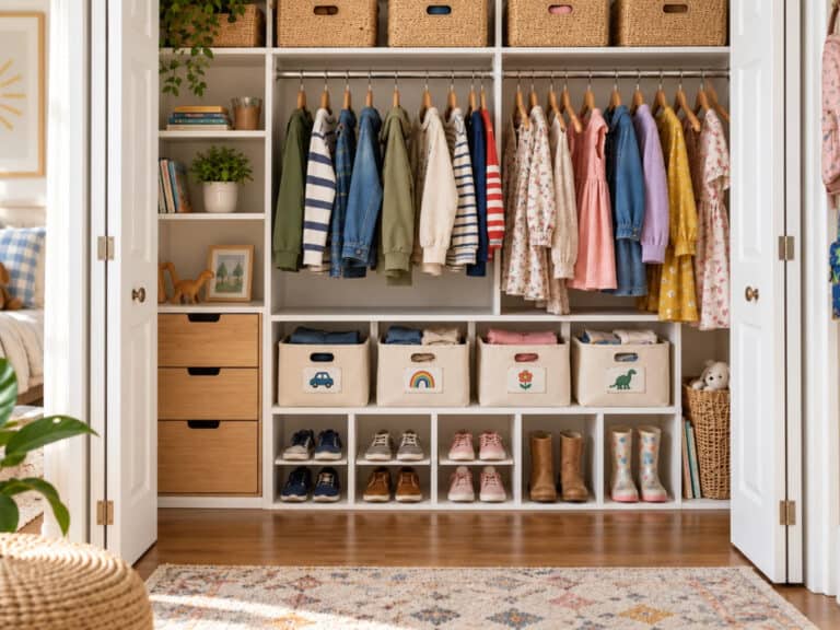 A kids closet with a row of hanging clothes and baskets and bins above and below the clothes.